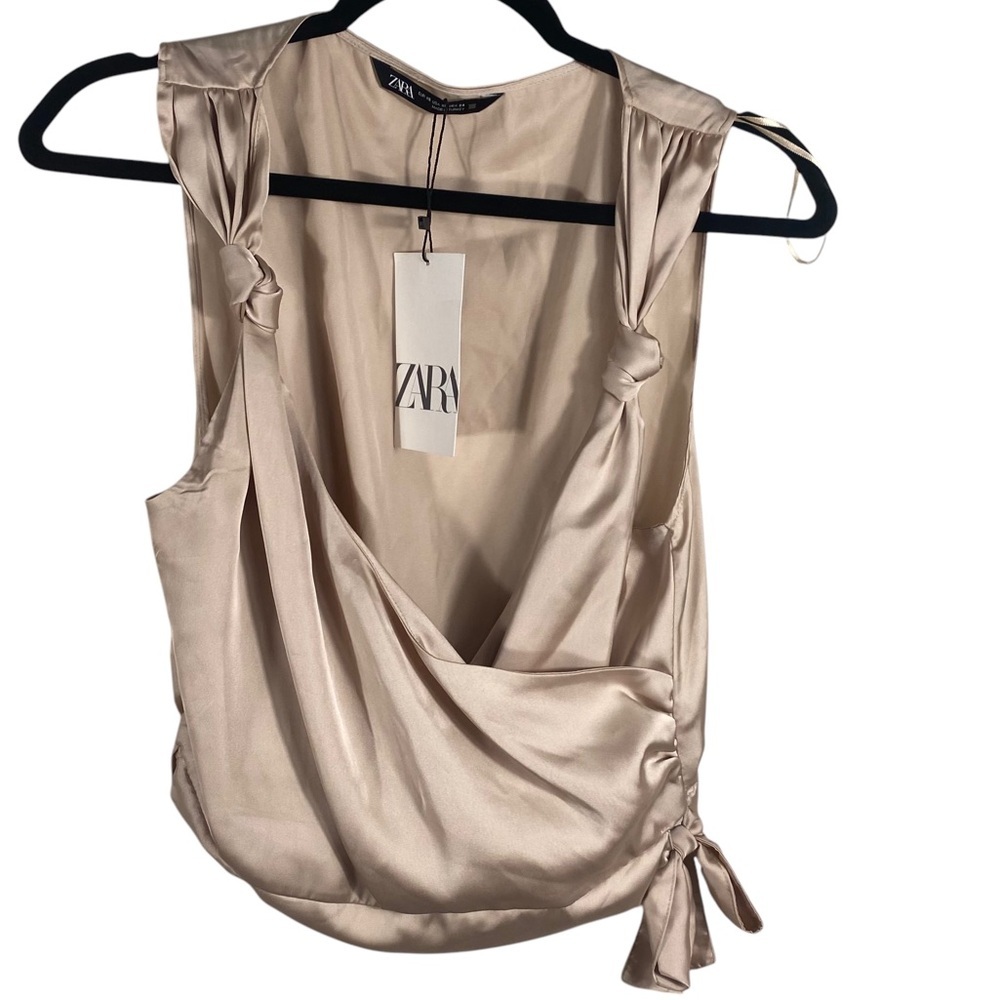 Zara Tie Shoulder Satin Crop Top Shimmery Gold  XS NWT